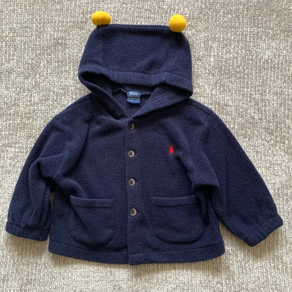 Polo Ralph Lauren Baby Fleece Hooded Jacket Navy Pom Pom Cozy Preppy 18M